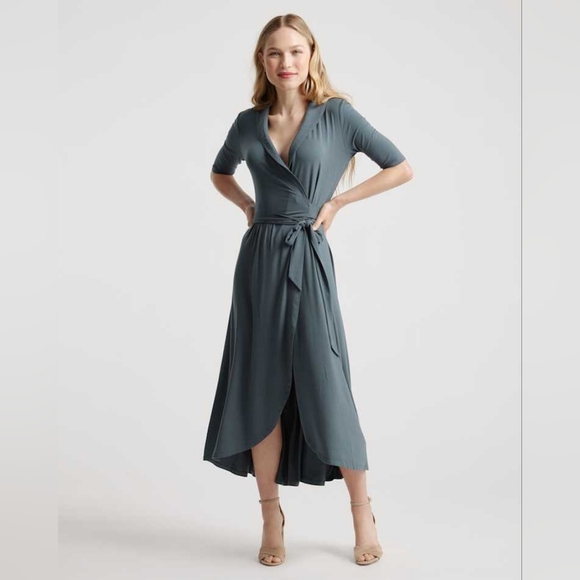 Quince Dresses & Skirts - Quince Tencel Jersey Midi Wrap V-neck Dress In Dark Olive Size XL